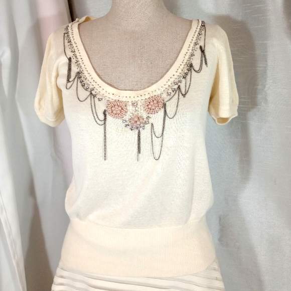 Vintage Short Sleeve Sweater, Women, Beadede Floral, Drop Chains, Ivory/Pink, S - Picture 1 of 7